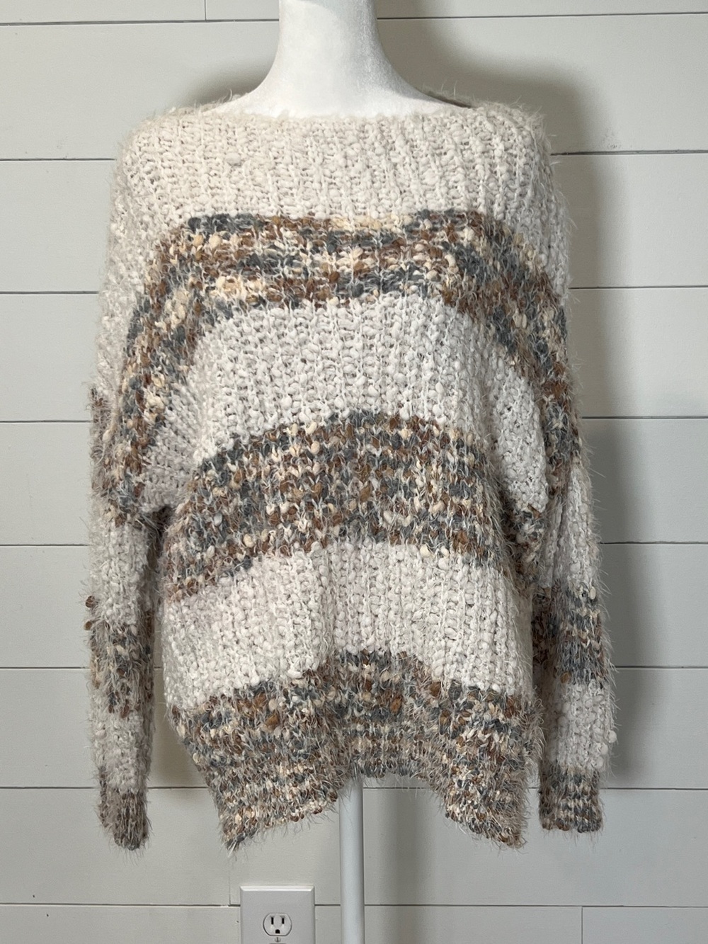 Altar'd State Cream Striped Fuzzy Knit Sweater - Women